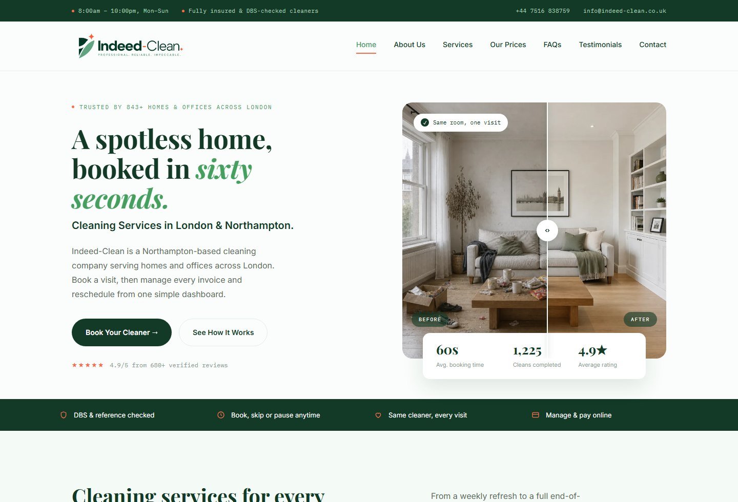 Indeed Clean homepage with booking call to action and before-after room comparison